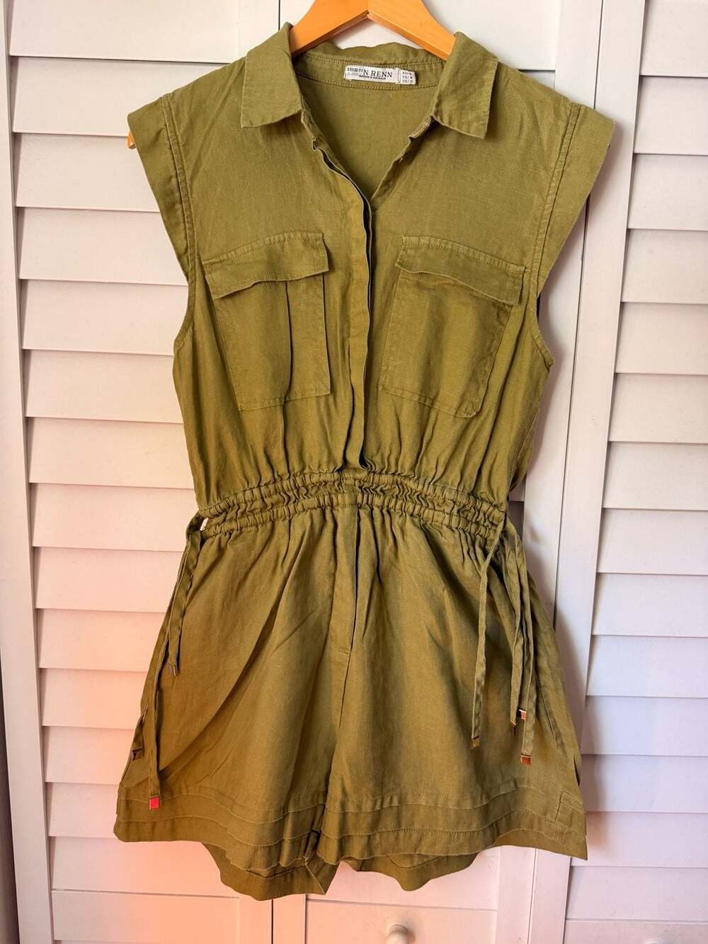 Møn Renn Lela Olive Green Sleeveless Linen Utility Romper